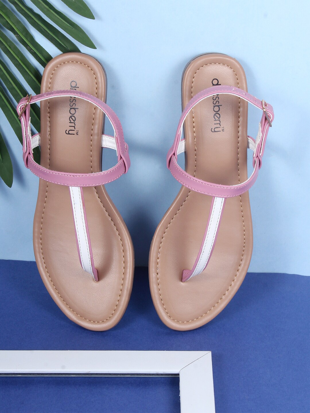 

DressBerry Pink & White Open Toe T-Strap Flats With Backstrap