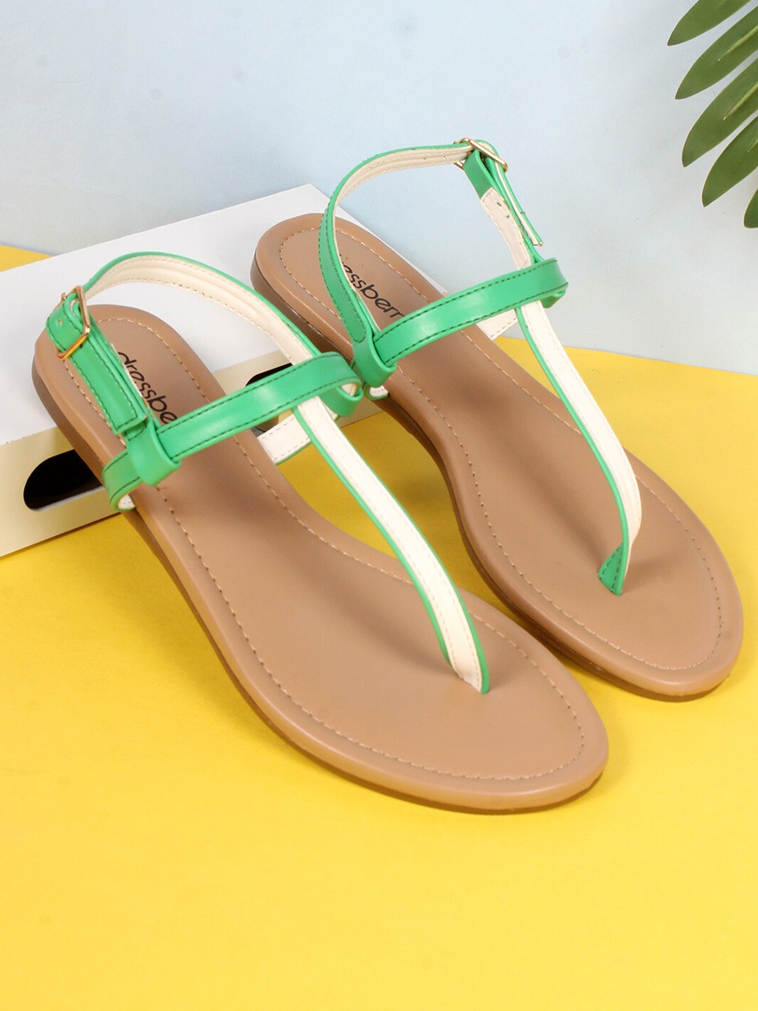 

DressBerry Green & White Open Toe T-Strap Flats With Backstrap