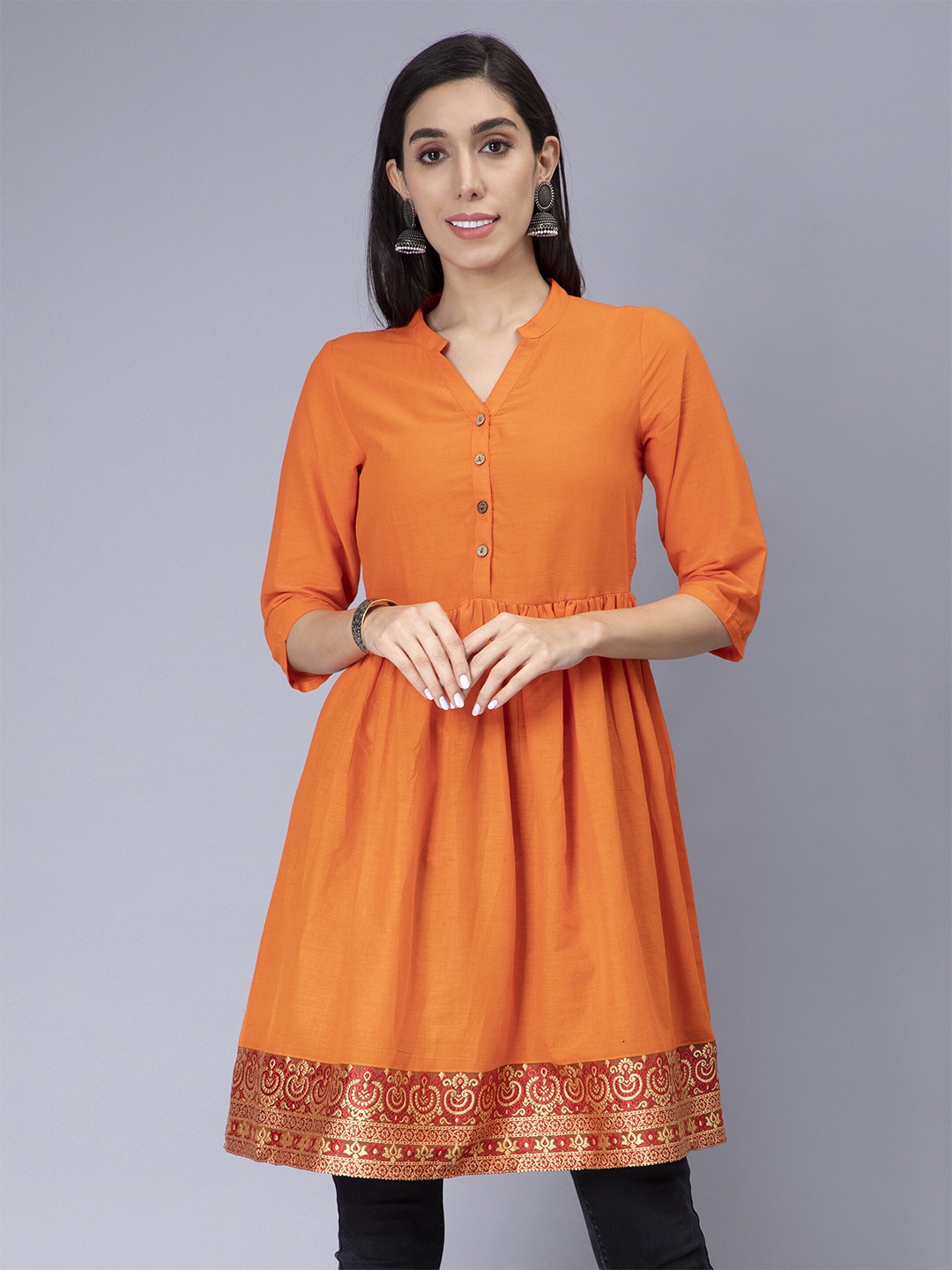 

Cot'N Soft Mandarin Collar Zari Detail Pure Cotton A-Line Kurti, Orange