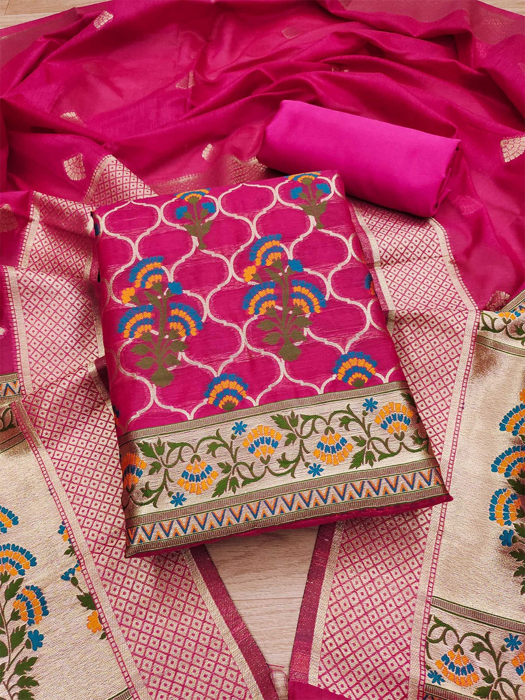

KALINI Floral Printed With Zari Cotton Silk Unstitched Dress Material, Pink
