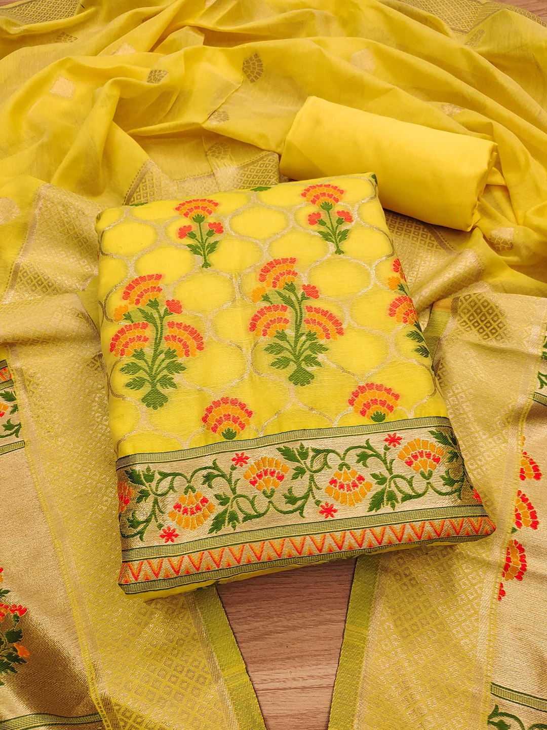 

KALINI Floral Printed With Zari Cotton Silk Unstitched Dress Material, Yellow