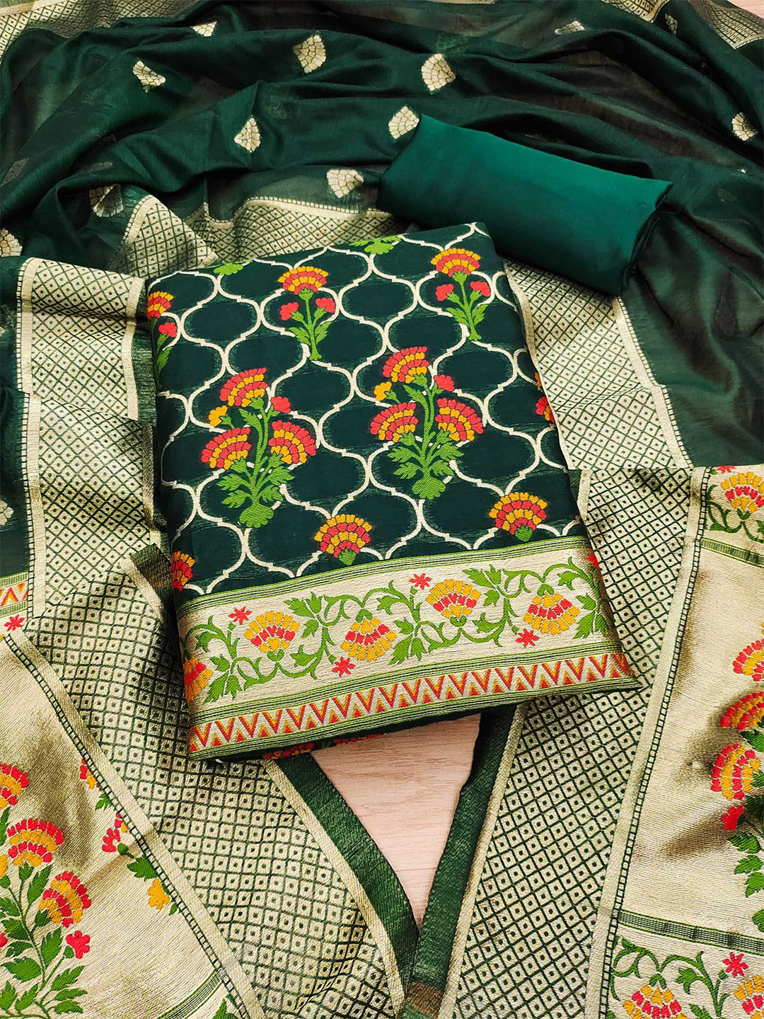 

KALINI Floral Printed With Zari Cotton Silk Unstitched Dress Material, Green