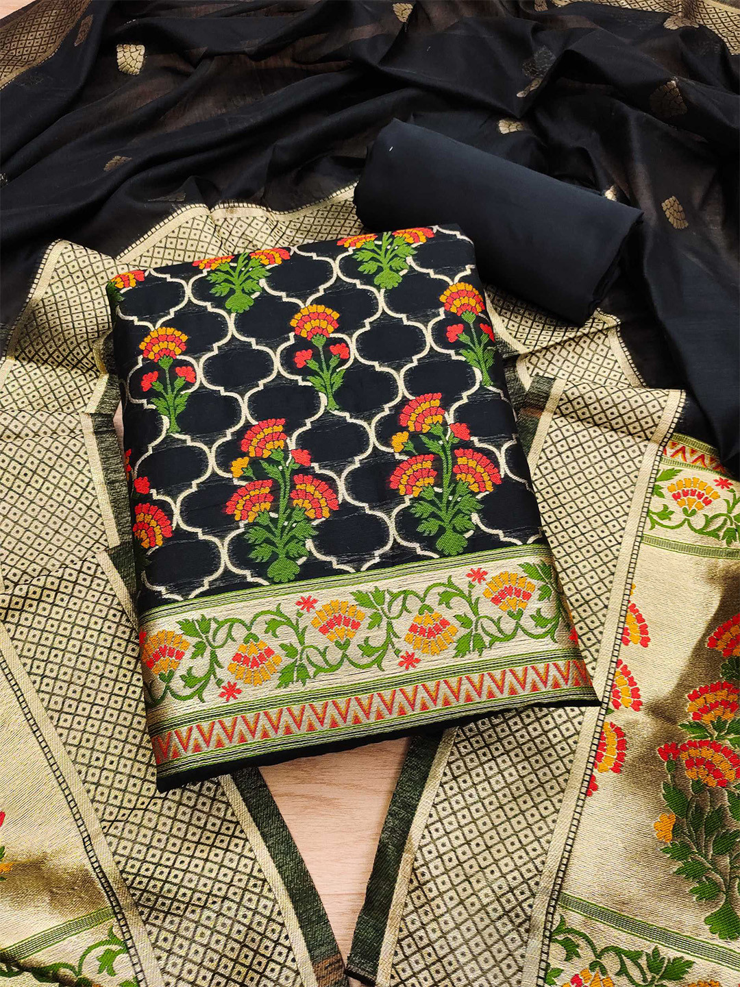 

KALINI Floral Printed With Zari Cotton Silk Unstitched Dress Material, Black