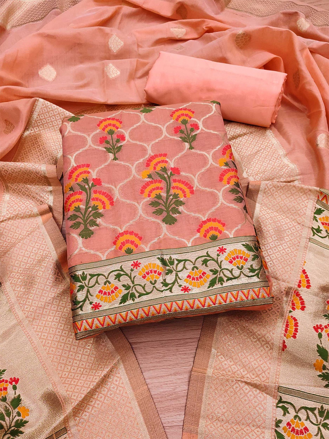 

KALINI Floral Printed With Zari Cotton Silk Unstitched Dress Material, Peach