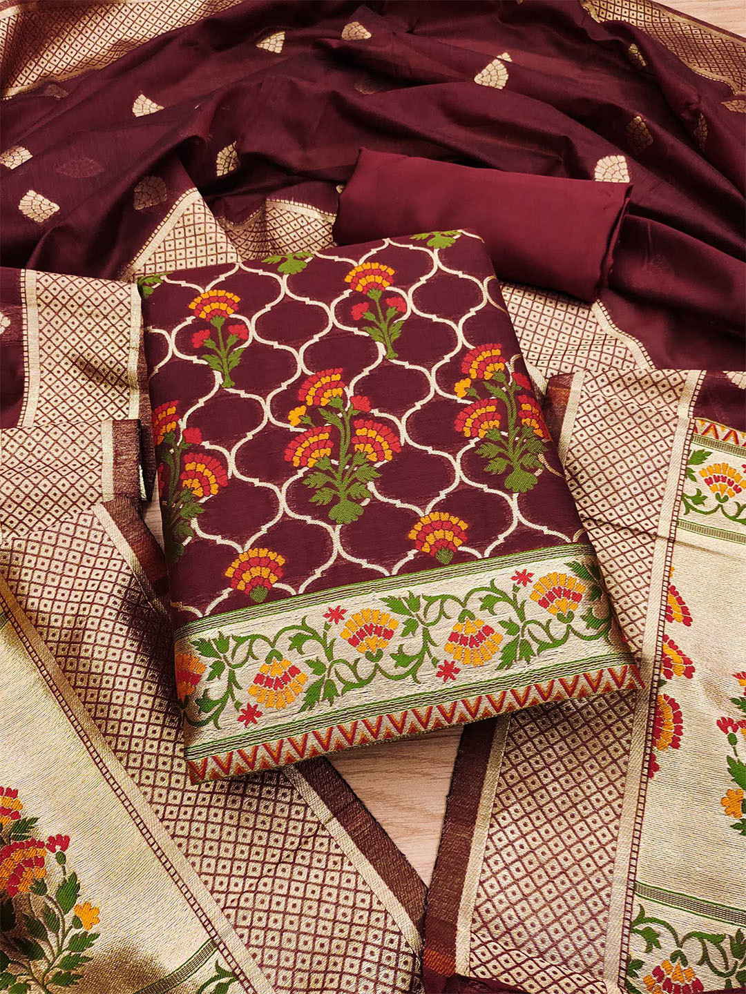 

KALINI Floral Printed With Zari Cotton Silk Unstitched Dress Material, Maroon