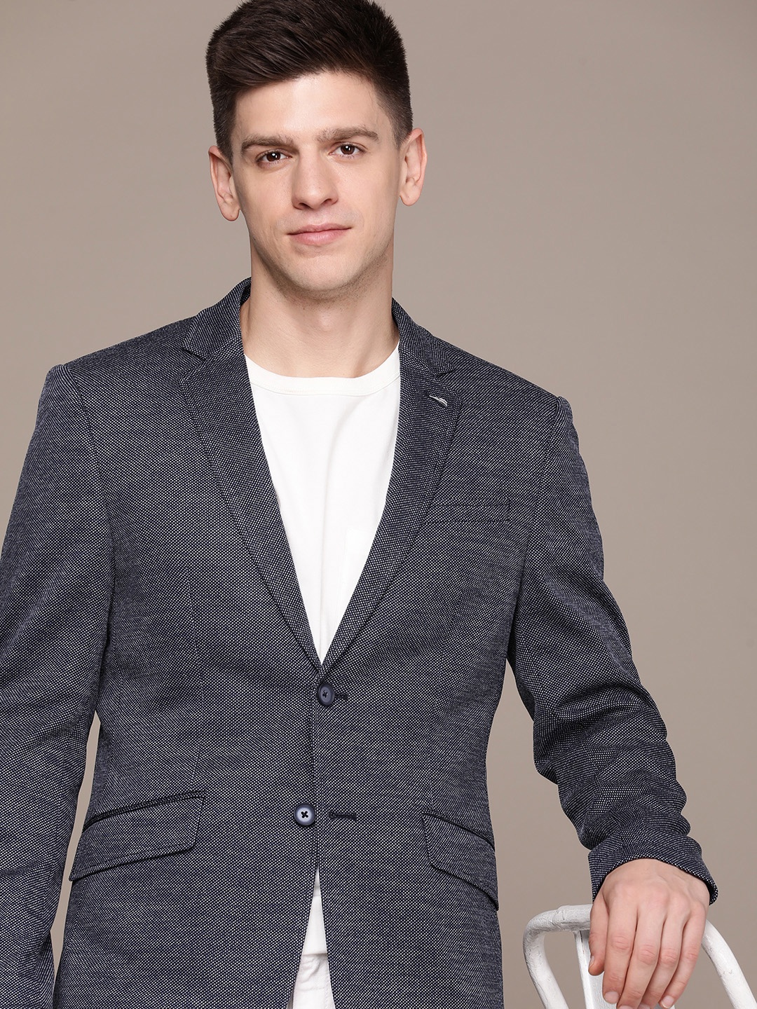 

Nautica Self Design Textured Single-Breasted Casual Blazer, Navy blue