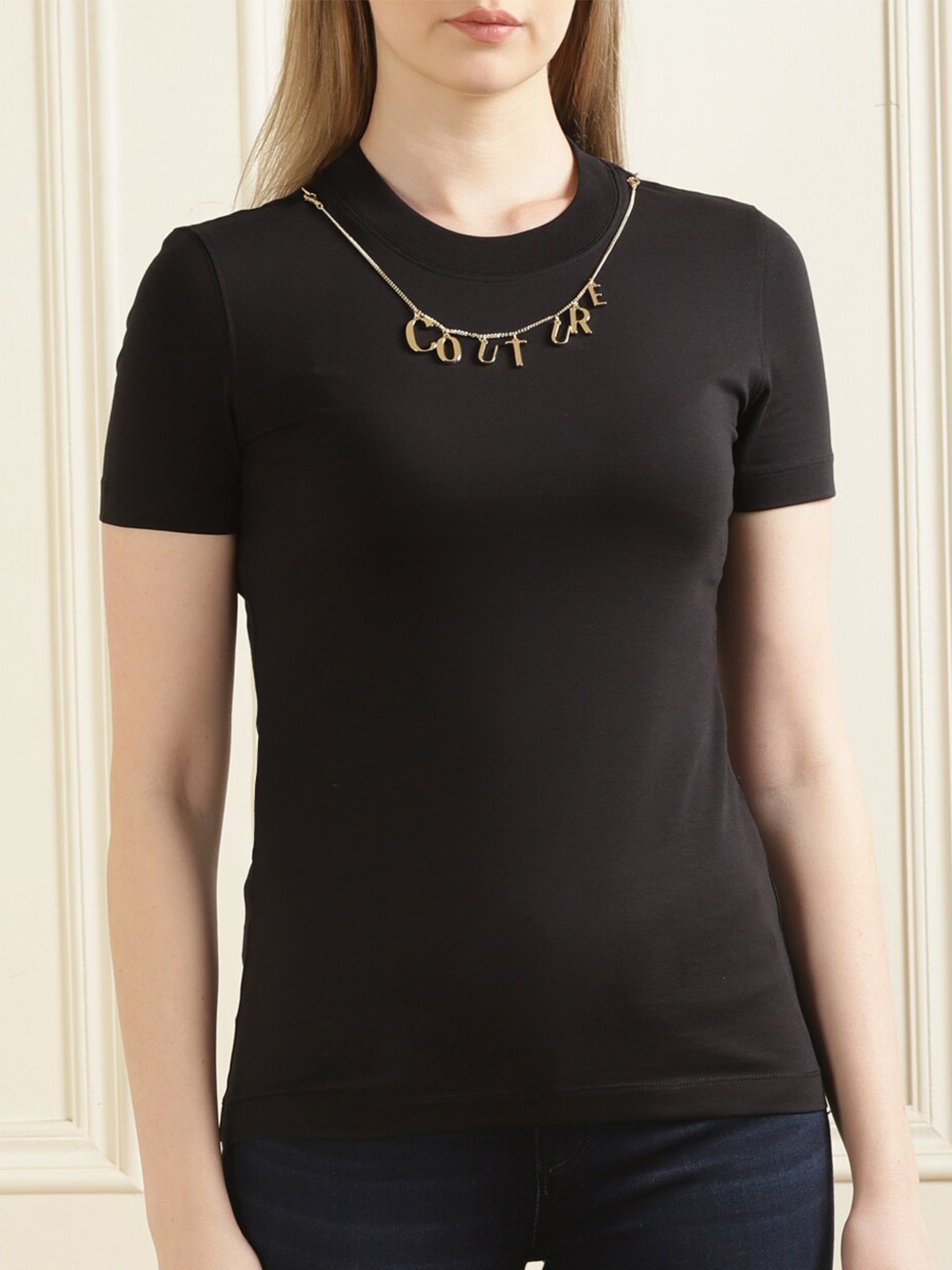 

Versace Jeans Couture Women Solid Cotton T-shirt, Black