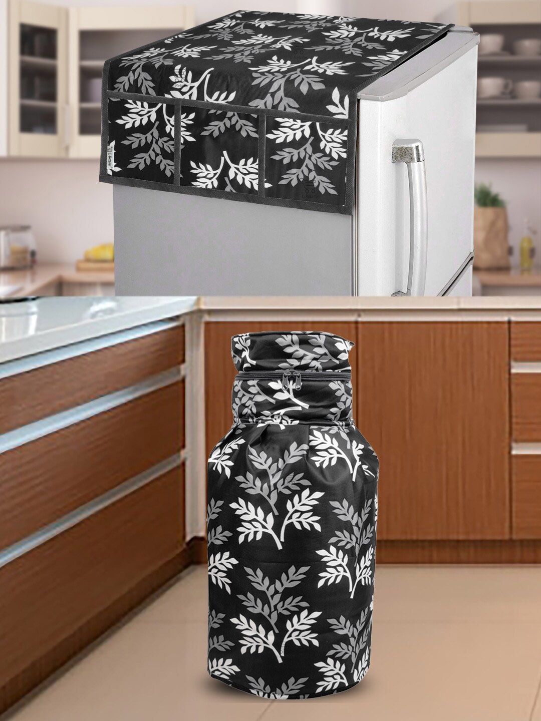 

E-Retailer 2-Pcs Black & White Printed Refrigerator & Gas Cylinder Appliance Covers