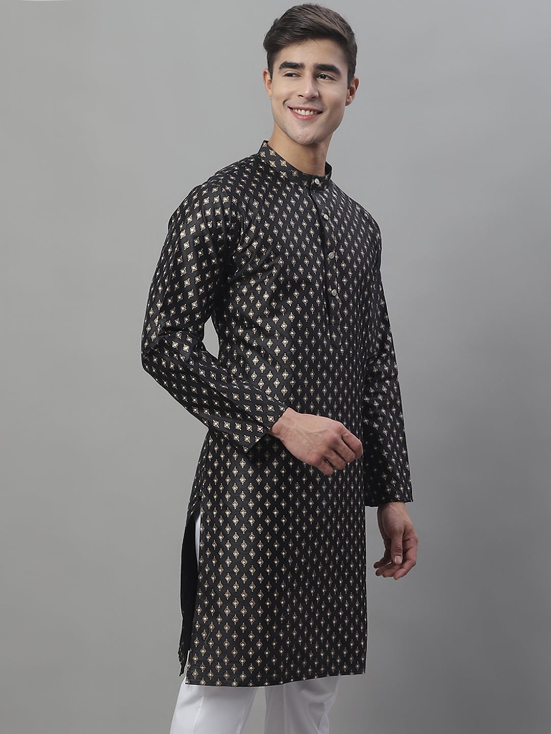 

Anouk Black Ethnic Motifs Woven Design Band Collar Kurta