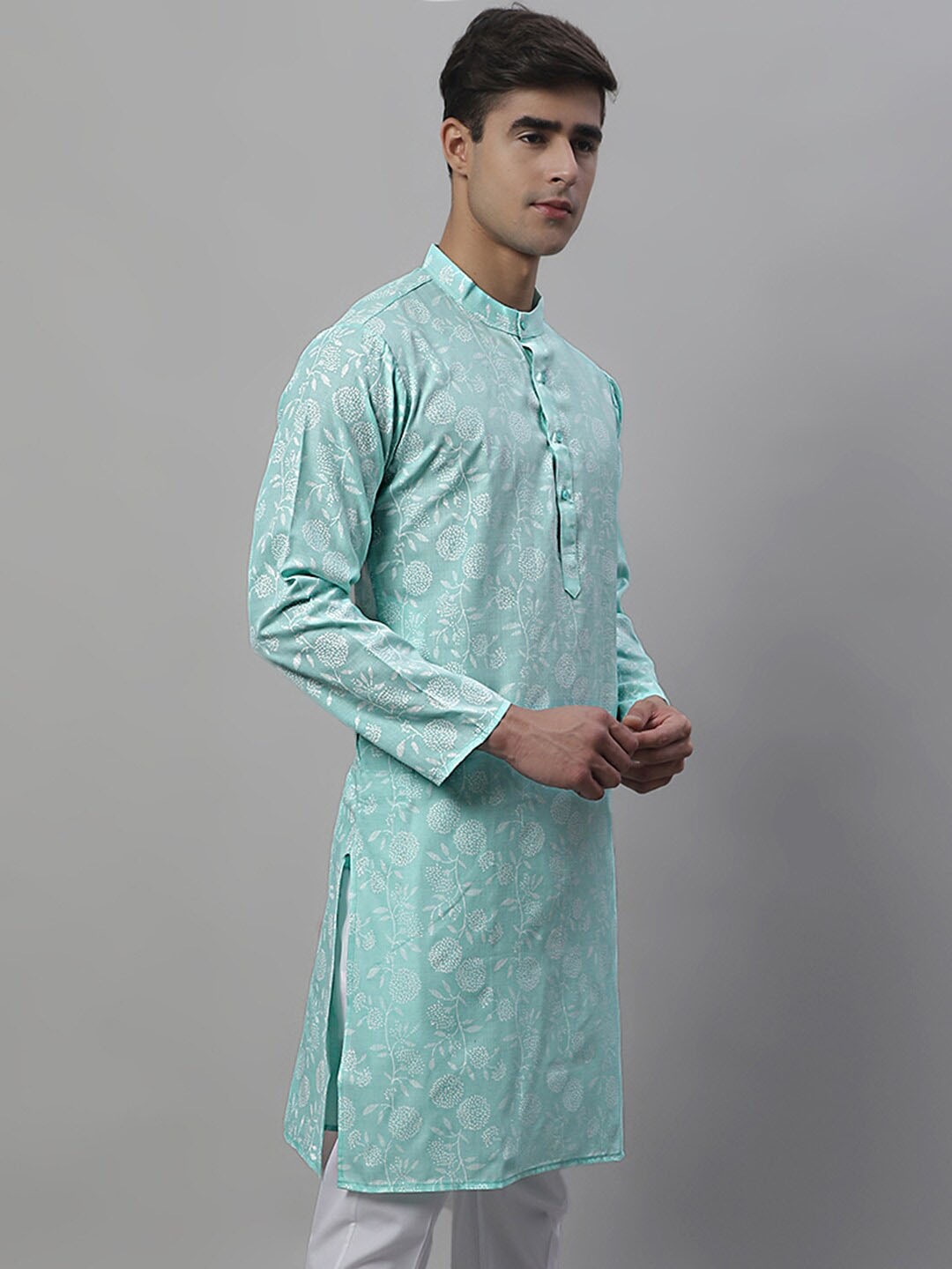 

Anouk Green Mandarin Collar Floral Printed Kurta