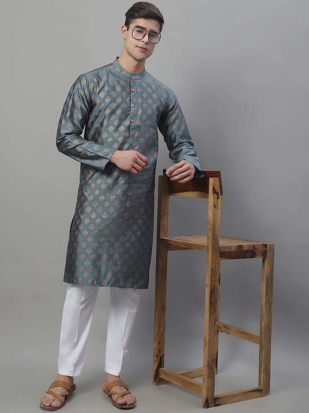 

Anouk Grey Mandarin Collar Woven Design Silk Cotton Kurta