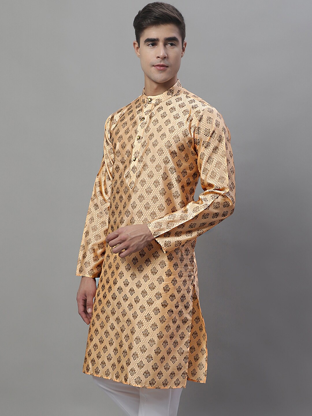 

Anouk Peach Mandarin Collar Woven Design Silk Cotton Kurta