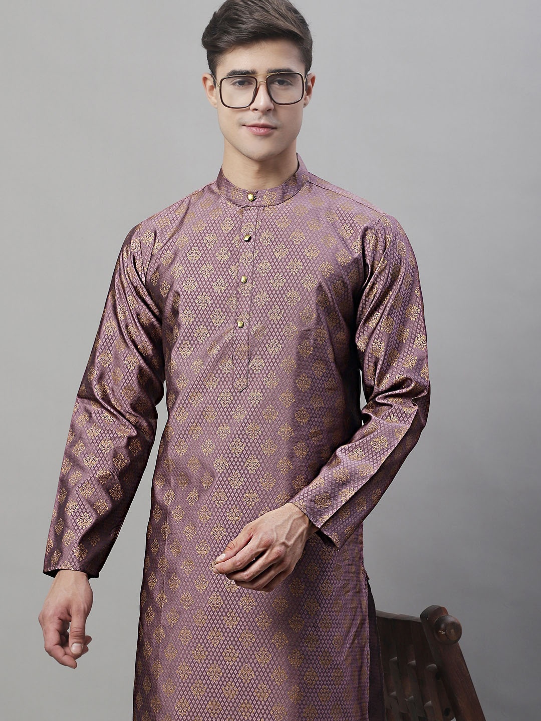 

Anouk Purple Band Collar Woven Design Silk Cotton Kurta