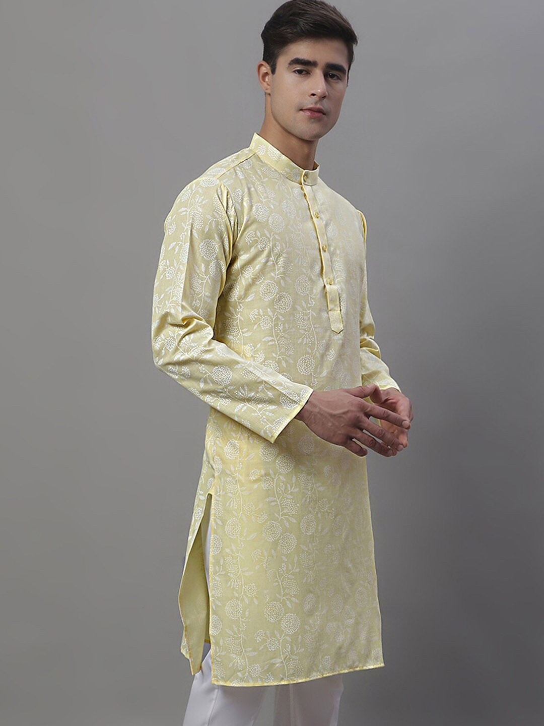 

Anouk Yellow Mandarin Collar Floral Printed Kurta