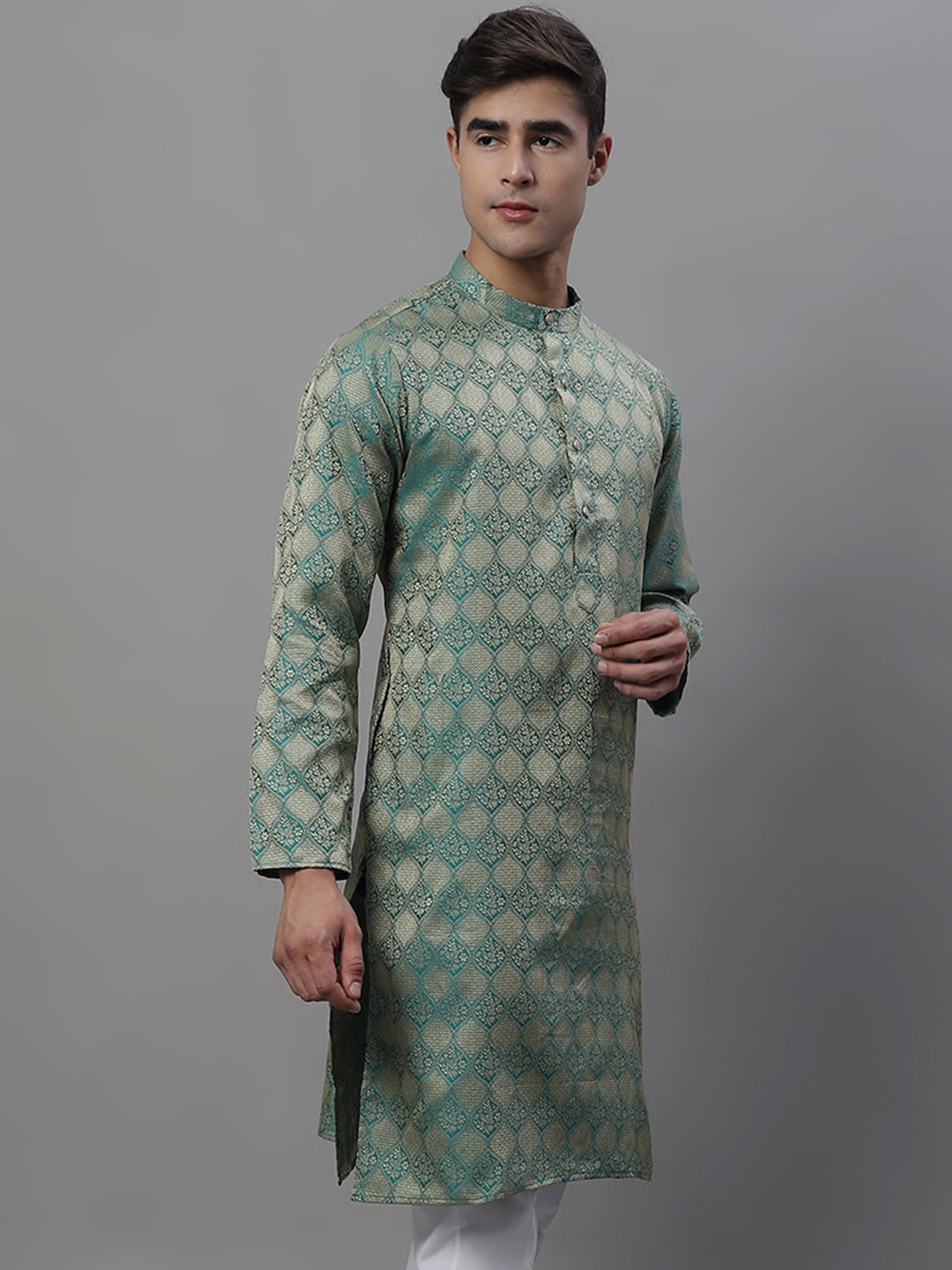 

Anouk Green Ethnic Motifs Woven Design Band Collar Jacquard Kurta, Sea green