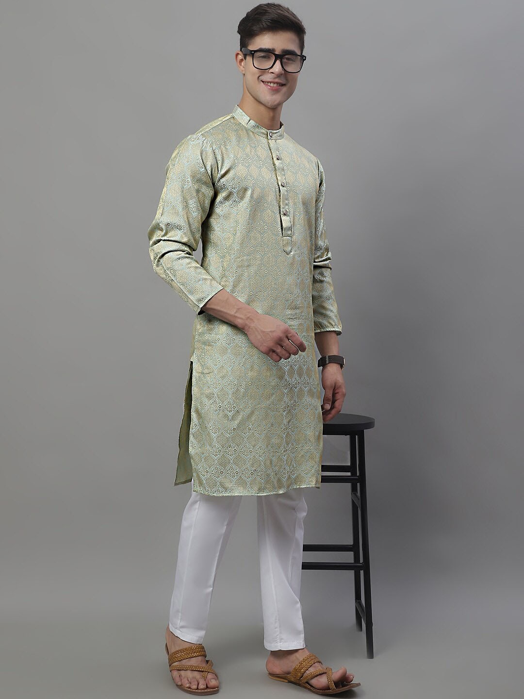 

Anouk Lime Green Mandarin Collar Woven Design Silk Cotton Kurta