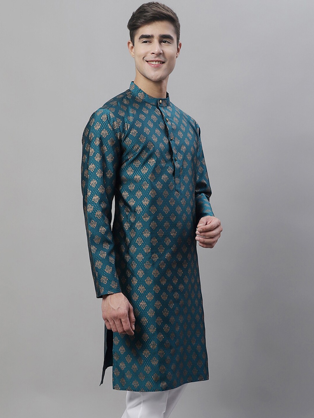 

Anouk Teal Blue Ethnic Motifs Woven Design Band Collar Jacquard Kurta