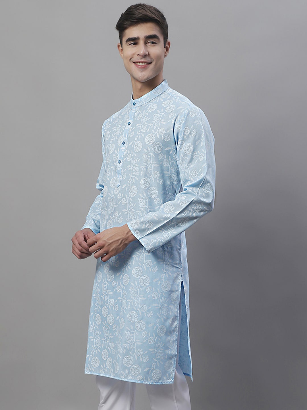 

Anouk Turquoise Blue & White Floral Printed Band Collar Kurta