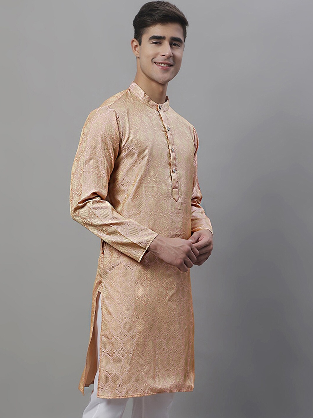 

Anouk Peach-Coloured Ethnic Motifs Woven Design Band Collar Jacquard Kurta