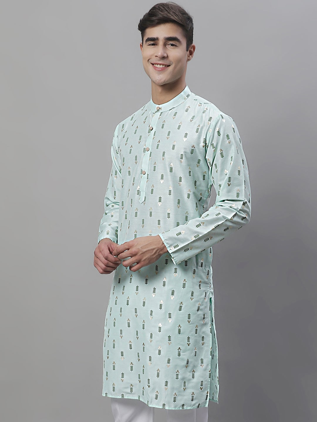 

Anouk Turquoise Blue & Green Ethnic Motifs Woven Design Band Collar Jacquard Kurta
