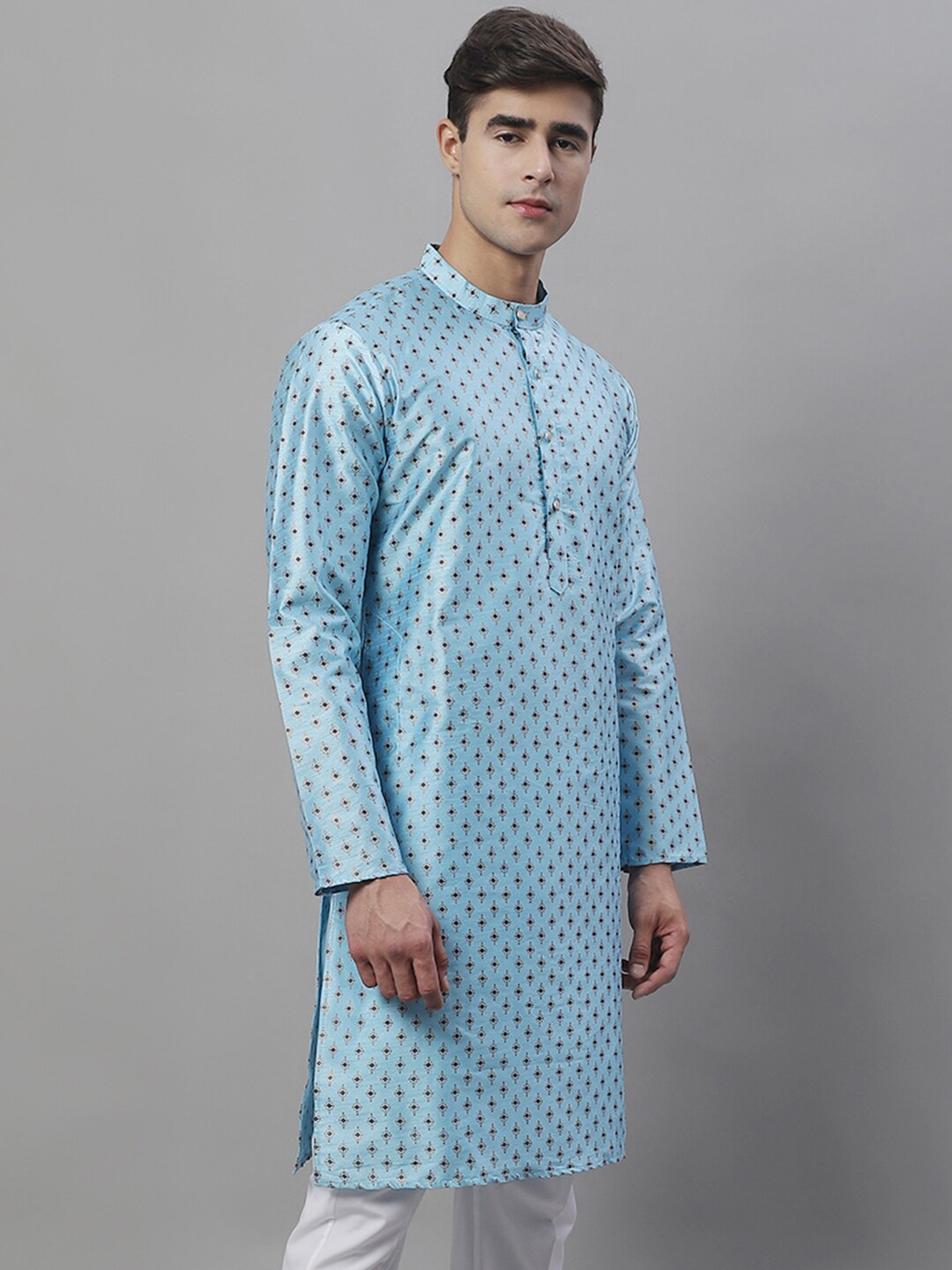 

Anouk Turquoise Blue Ethnic Motifs Woven Design Band Collar Jacquard Kurta