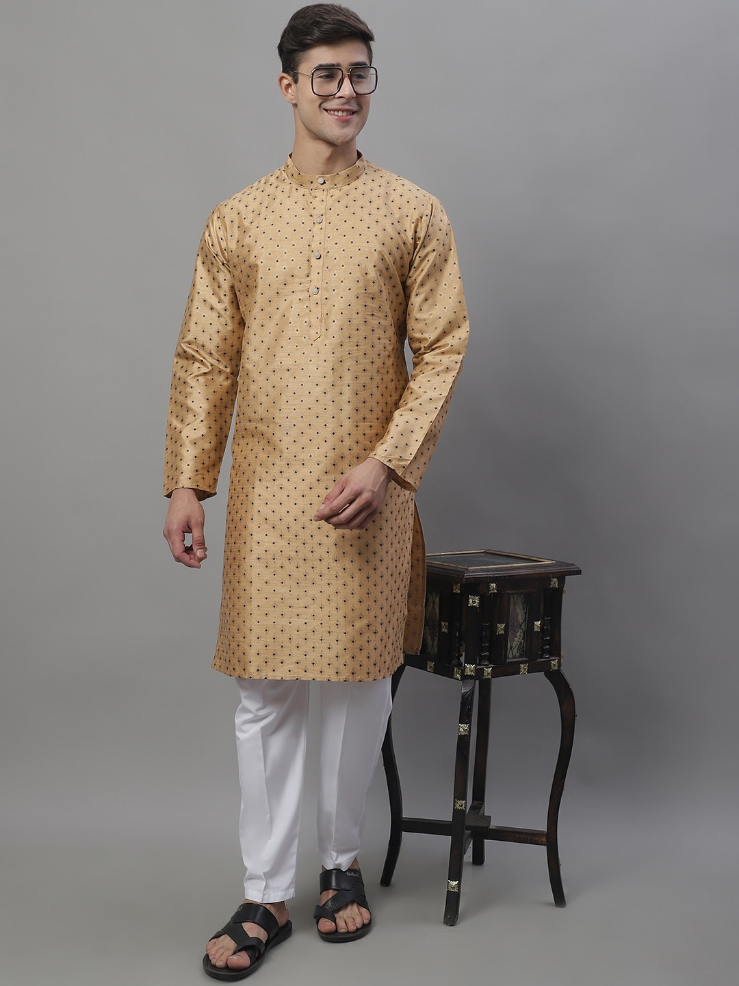 

Anouk Brown Ethnic Motifs Woven Design Band Collar Jacquard Kurta