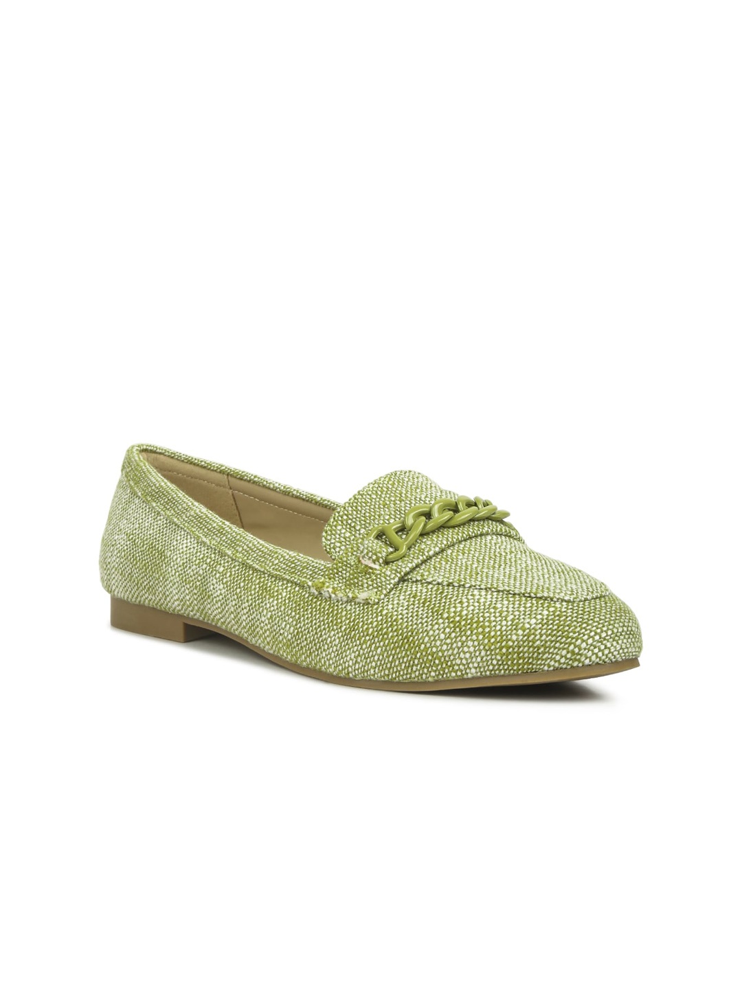 

London Rag Women Woven Design Chain Embellished Loafers, Green