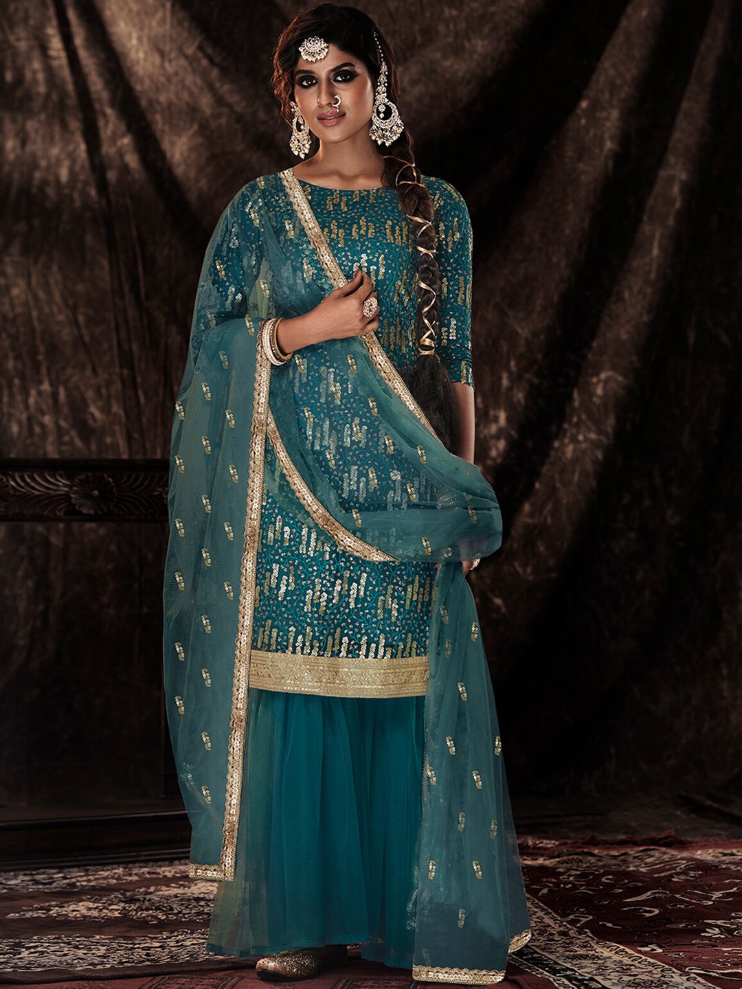 

ODETTE Ethnic Motifs Embroidered Sequinned Semi Stitched Kurta with Sharara & Dupatta, Teal