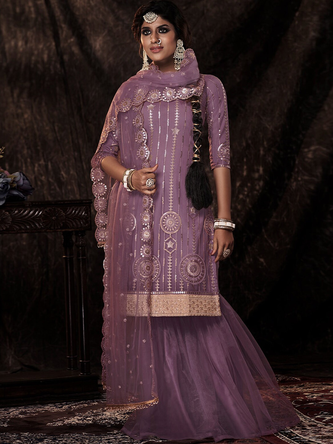 

ODETTE Ethnic Motifs Embroidered Regular Sequinned Semi Stitched Kurta with Sharara With Dupatta, Purple