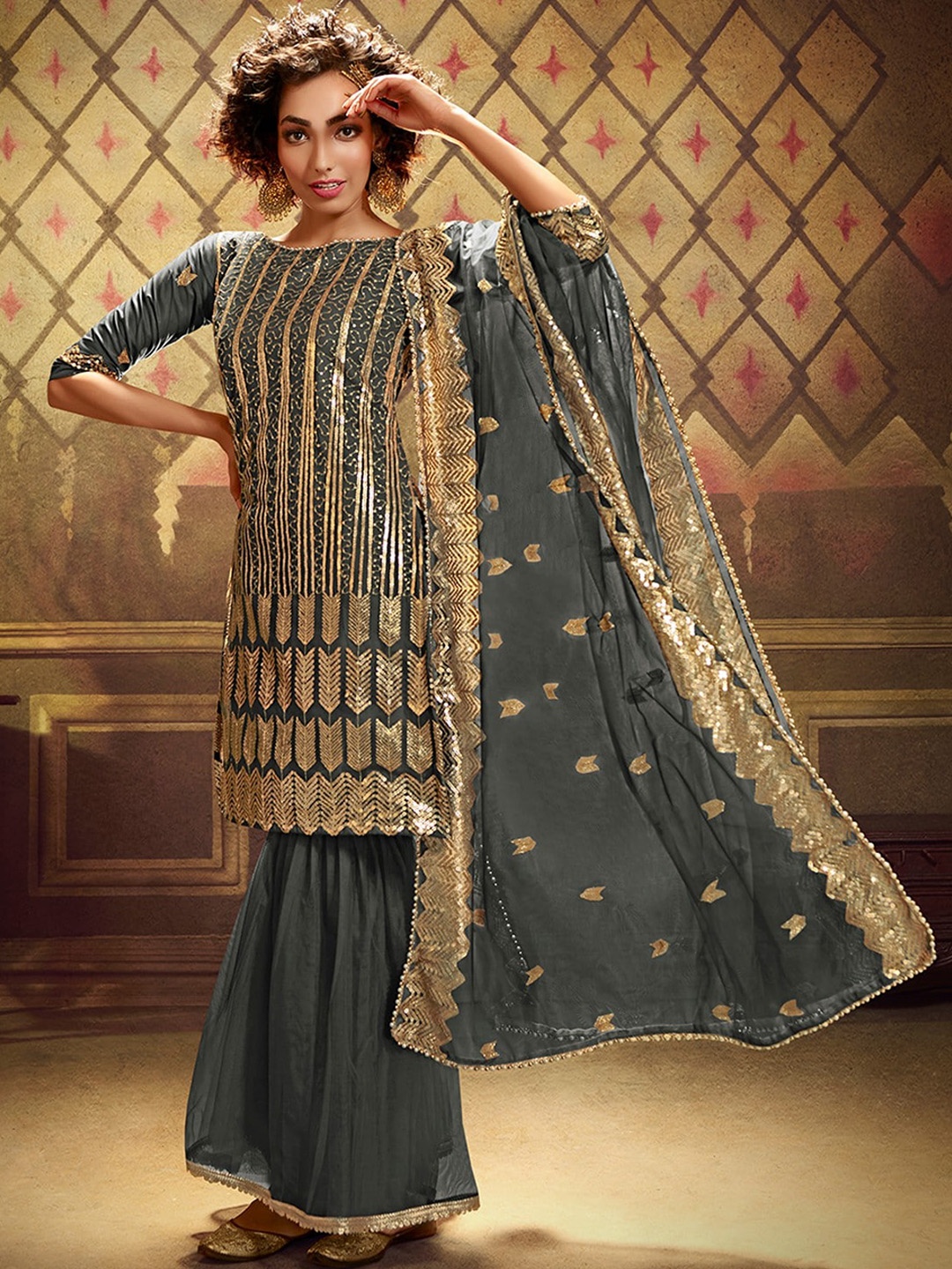 

ODETTE Ethnic Motifs Embroidered Bead Work Semi Stitched Kurta with Sharara & Dupatta, Grey