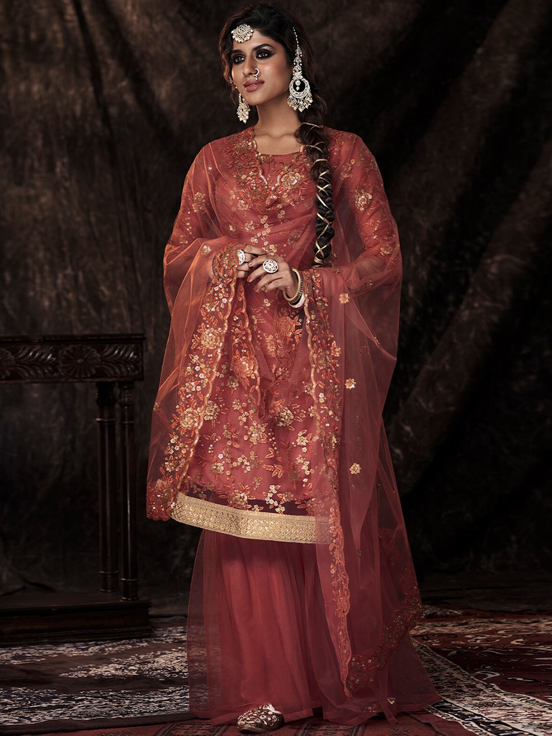 

ODETTE Floral Embroidered Regular Sequinned Semi Stitched Kurta with Sharara With Dupatta, Maroon