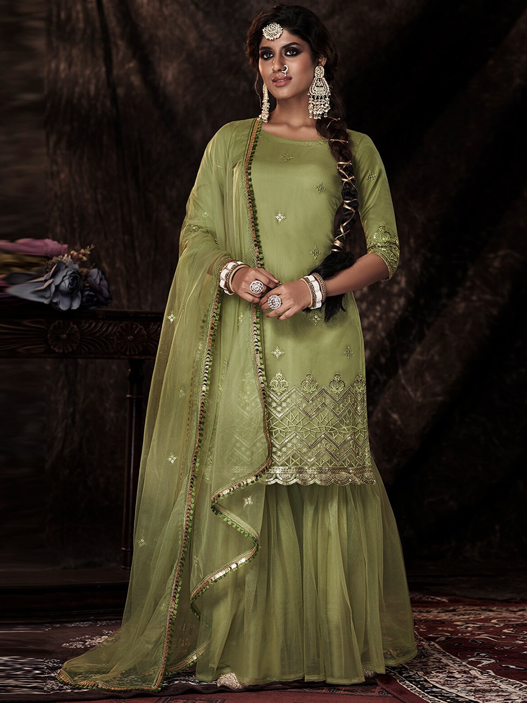 

ODETTE Ethnic Motifs Embroidered Sequinned Semi Stitched Kurta with Sharara Dupatta, Green
