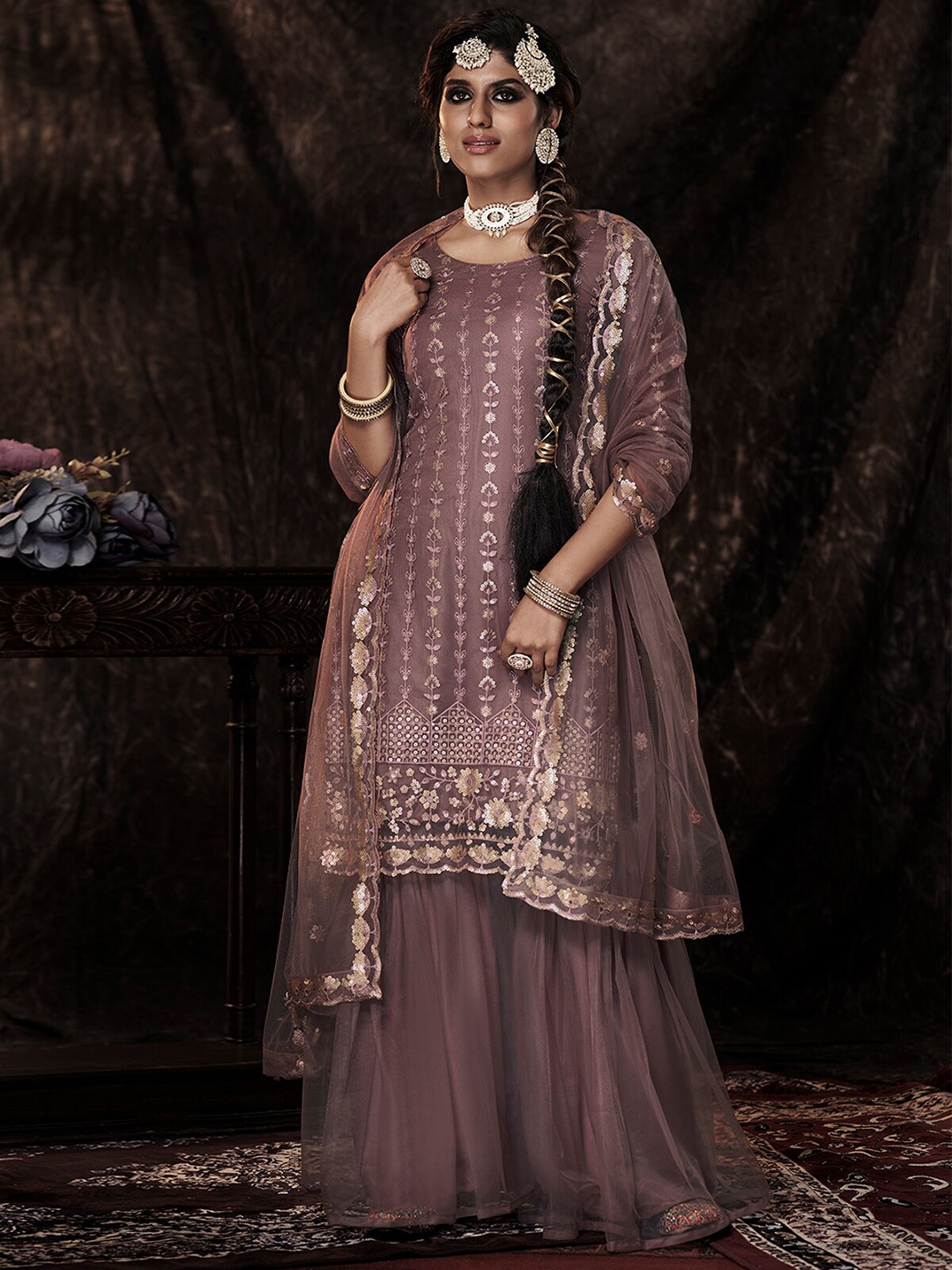 

ODETTE Floral Embroidered Sequined Semi Stitched Kurta with Sharara Dupatta, Purple