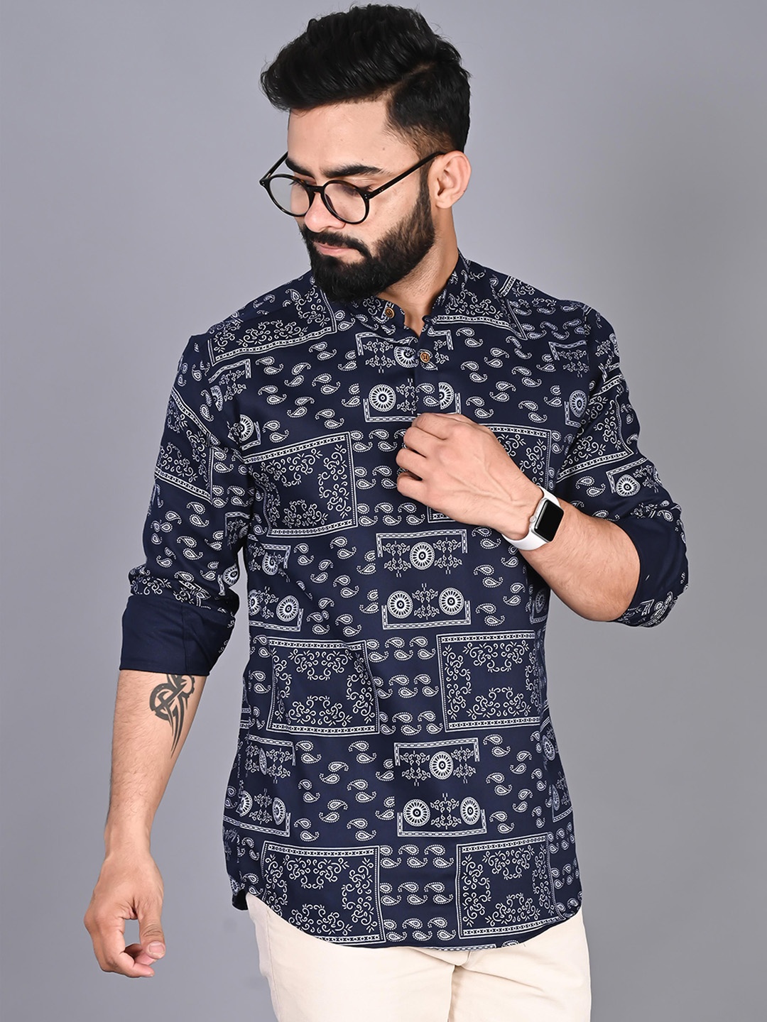 

FUBAR Mandarin Collar Ethnic Motifs Printed Straight Short Kurta, Blue