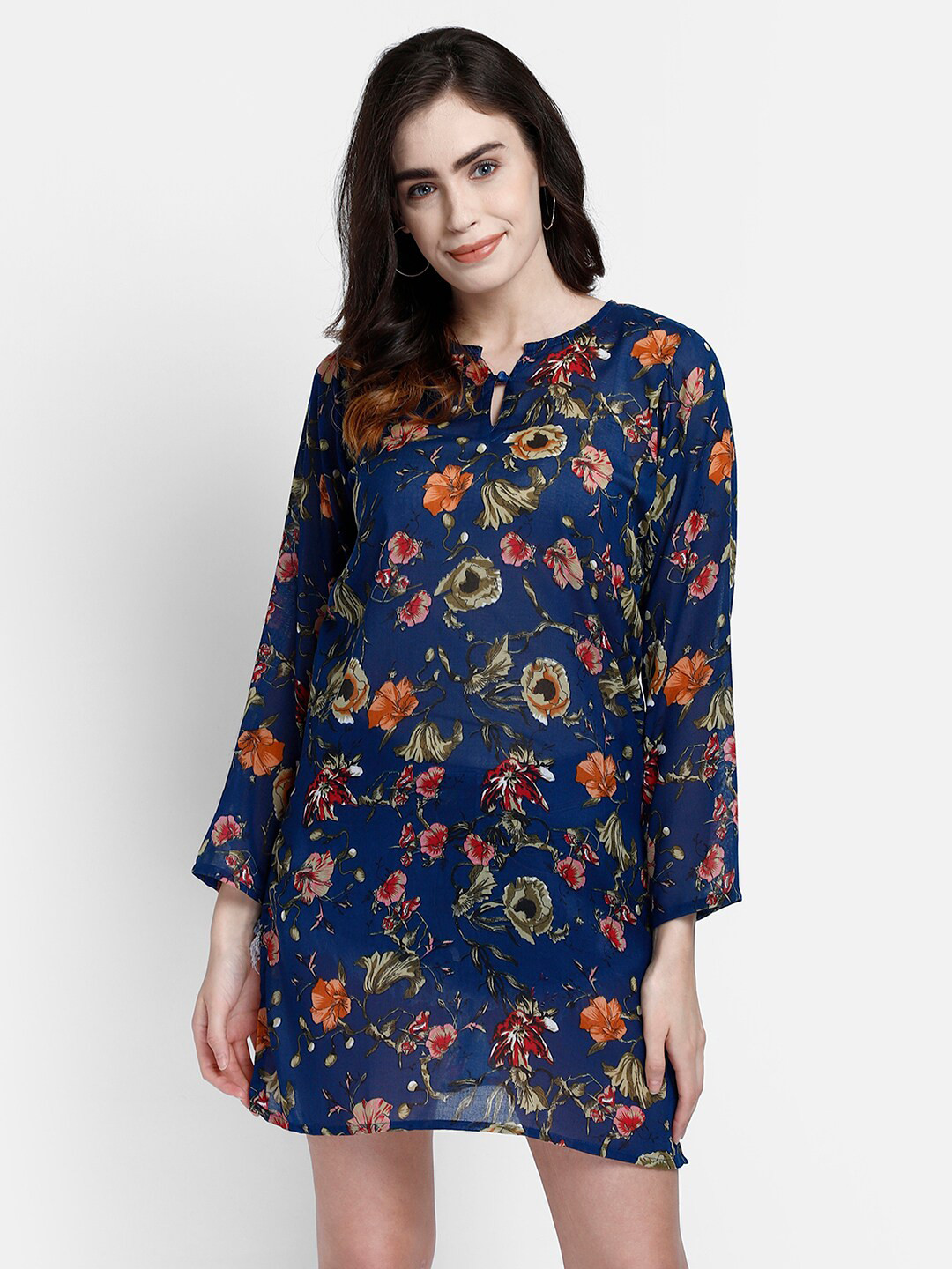 

Aditi Wasan Floral Printed Cotton Tunic, Navy blue