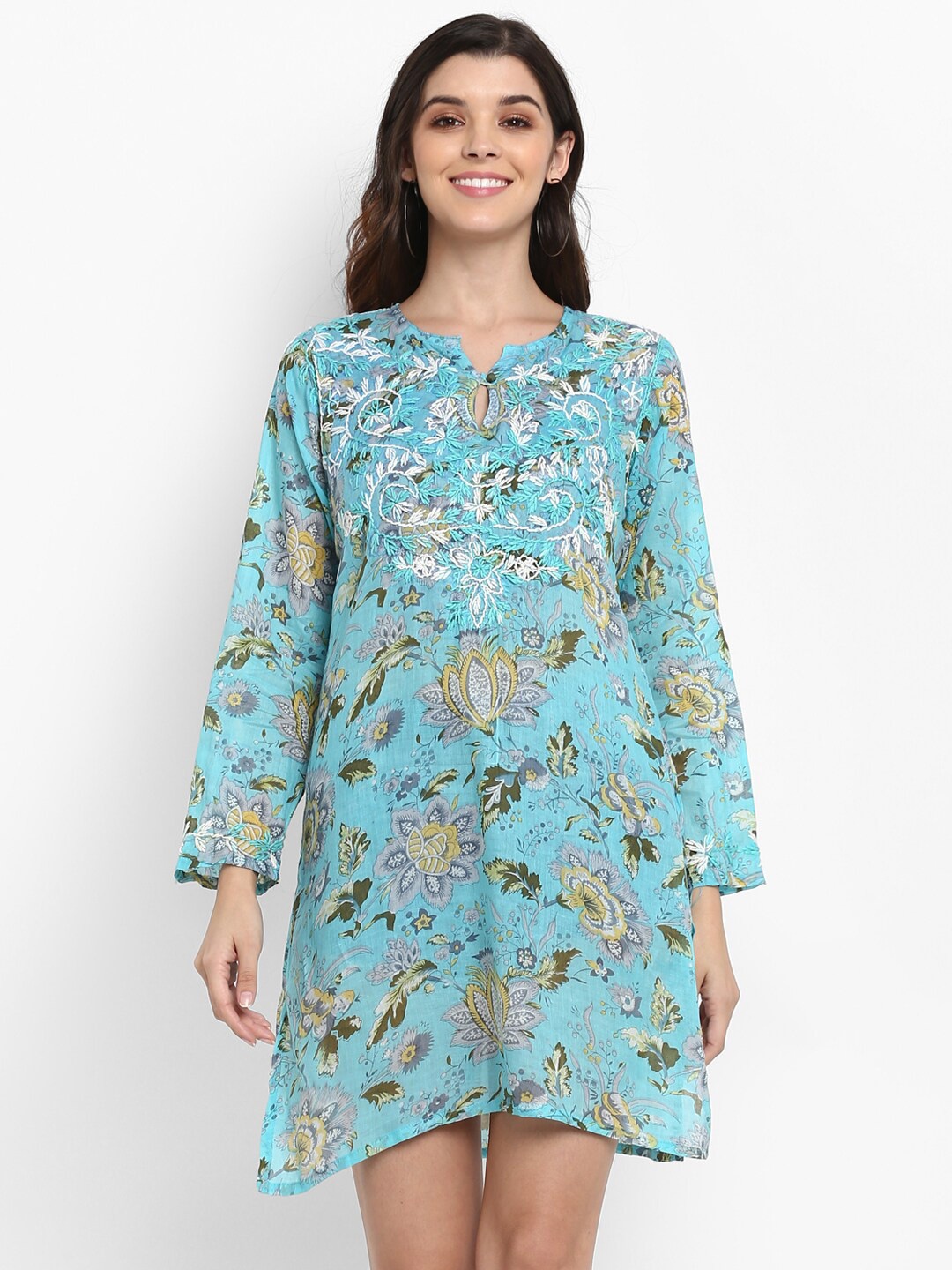 

Aditi Wasan Floral Embroidered Cotton Tunic, Turquoise blue