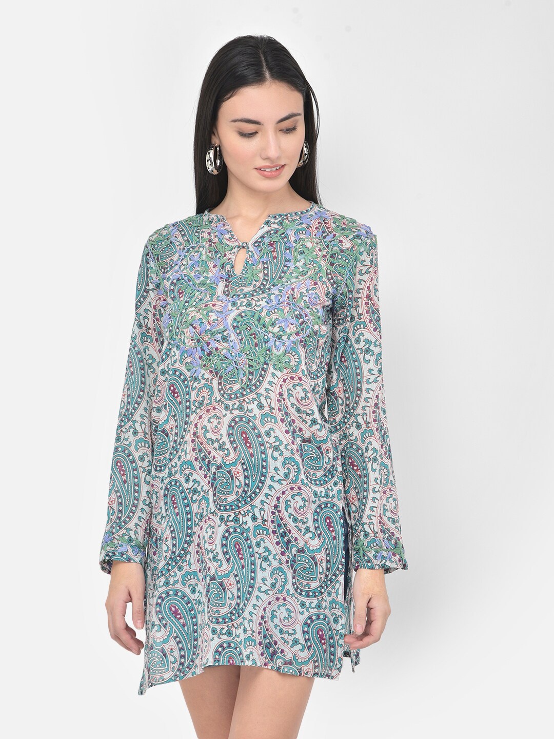 

Aditi Wasan Ethnic Motifs Printed Cotton Tunic, Turquoise blue