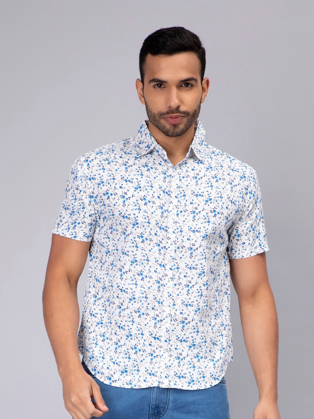 

Mad Over Print Floral Printed Comfort Slim Fit Opaque Cotton Casual Shirt, Blue