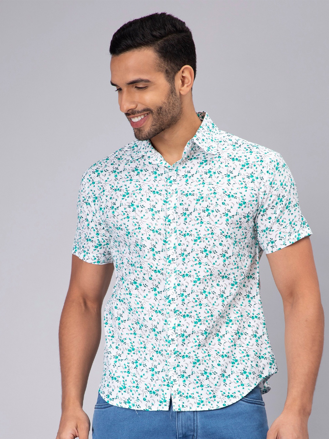 

Mad Over Print Floral Printed Comfort Slim Fit Opaque Cotton Casual Shirt, Green
