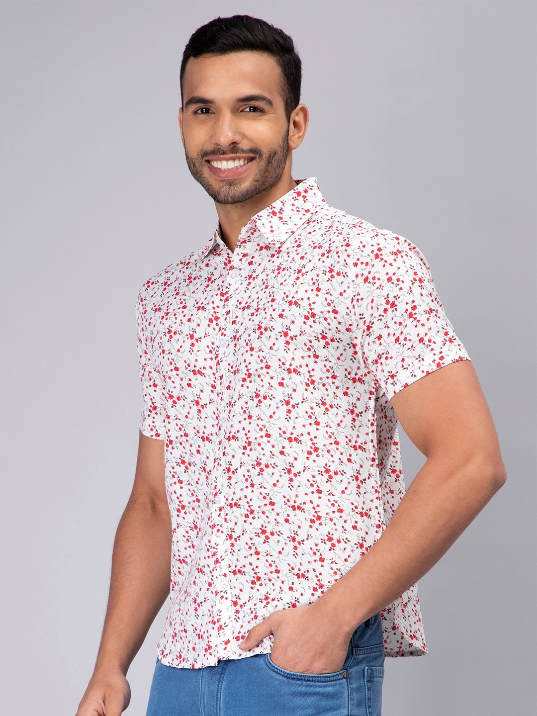 

Mad Over Print Floral Printed Comfort Slim Fit Opaque Cotton Casual Shirt, Red