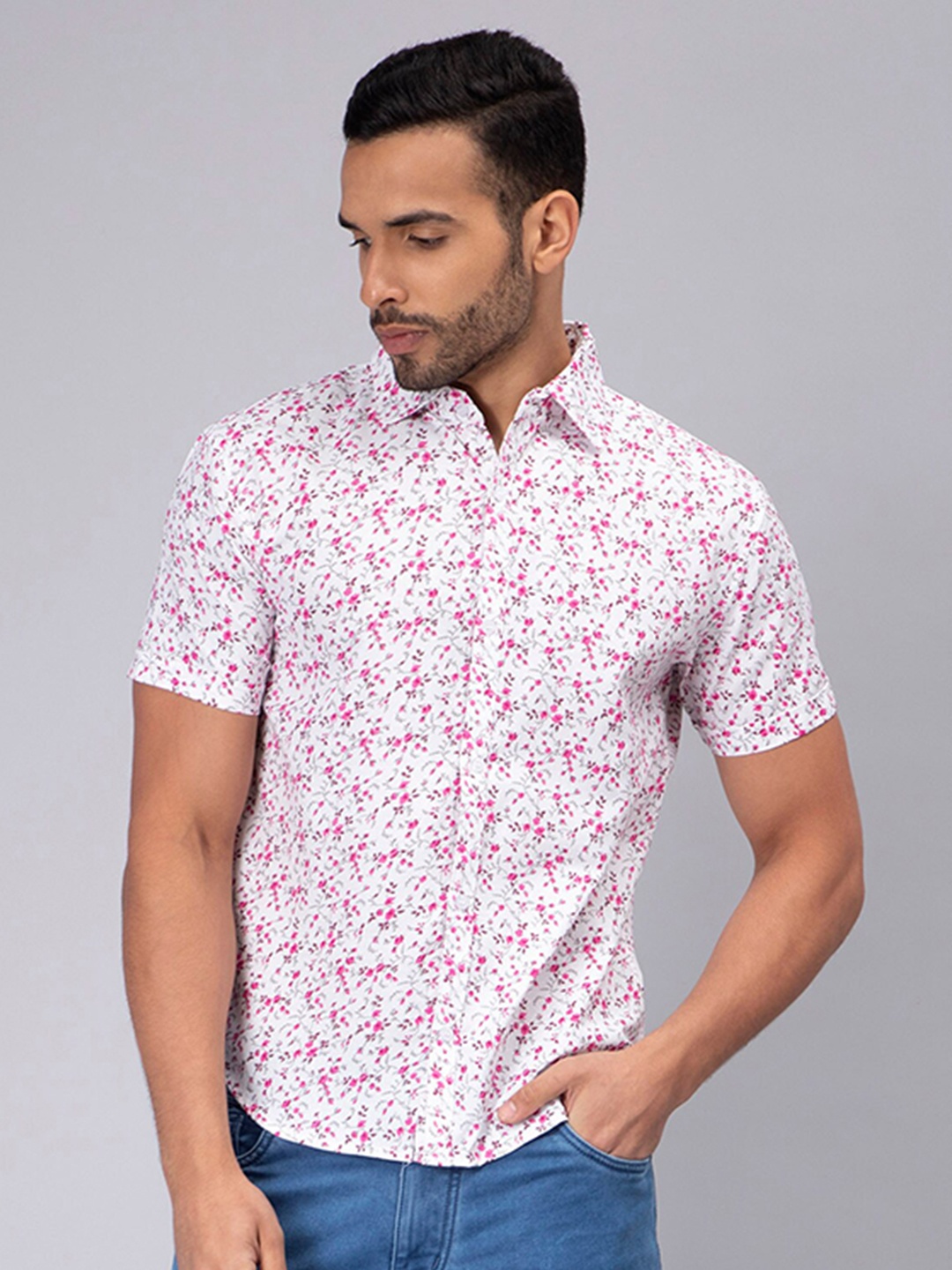 

Mad Over Print Floral Printed Comfort Slim Fit Opaque Cotton Casual Shirt, Pink