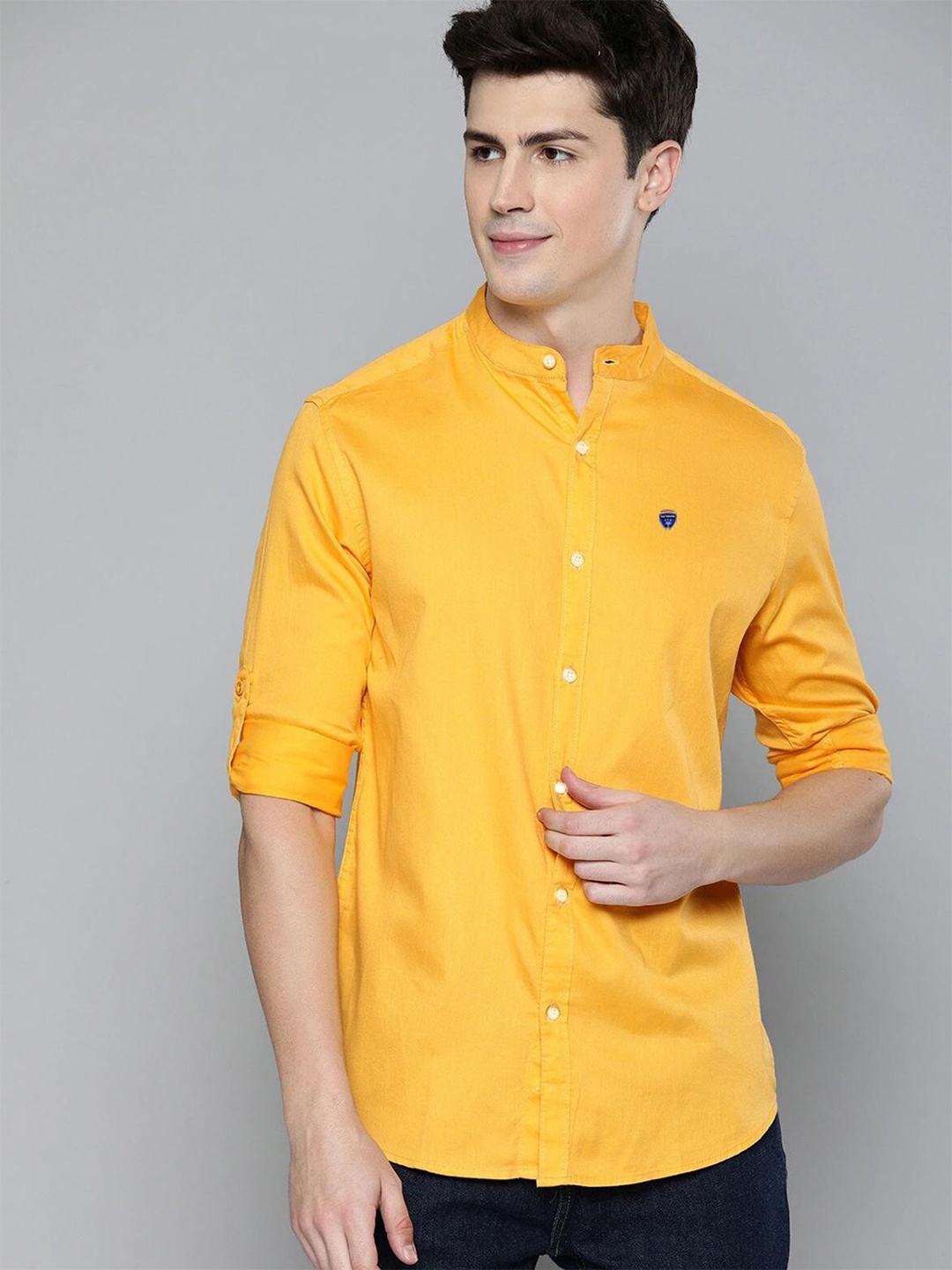 

FUBAR Mandarin Collar Roll Up Sleeves Slim Fit Casual Shirt, Yellow