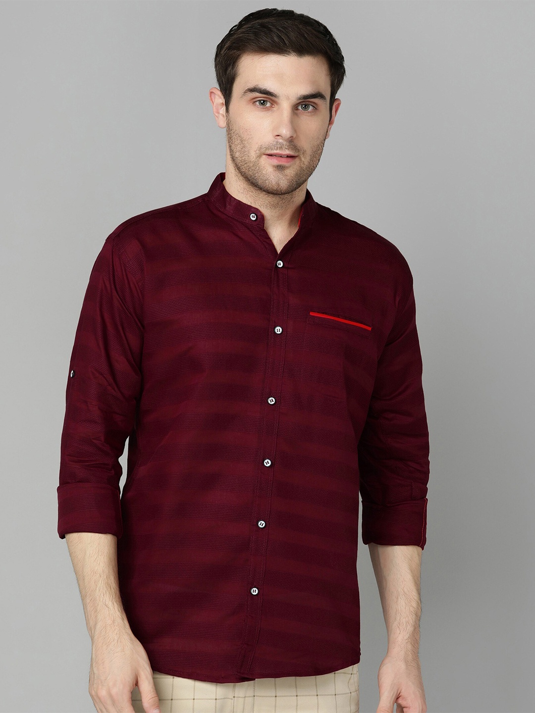 

FUBAR Horizontal Striped Mandarin Collar Roll Up Sleeves Slim Fit Casual Shirt, Maroon