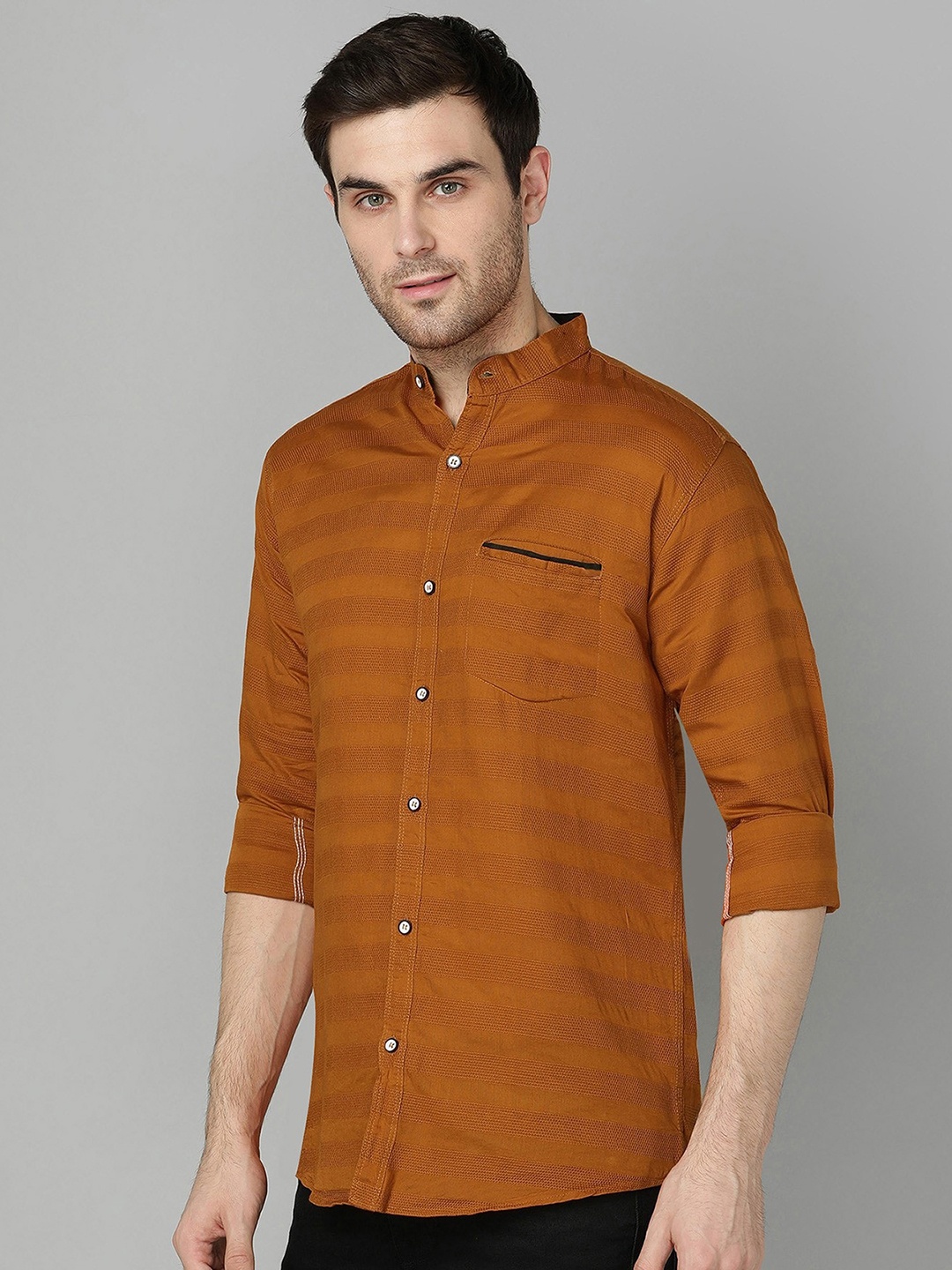 

FUBAR Horizontal Striped Mandarin Collar Roll Up Sleeves Slim Fit Casual Shirt, Brown