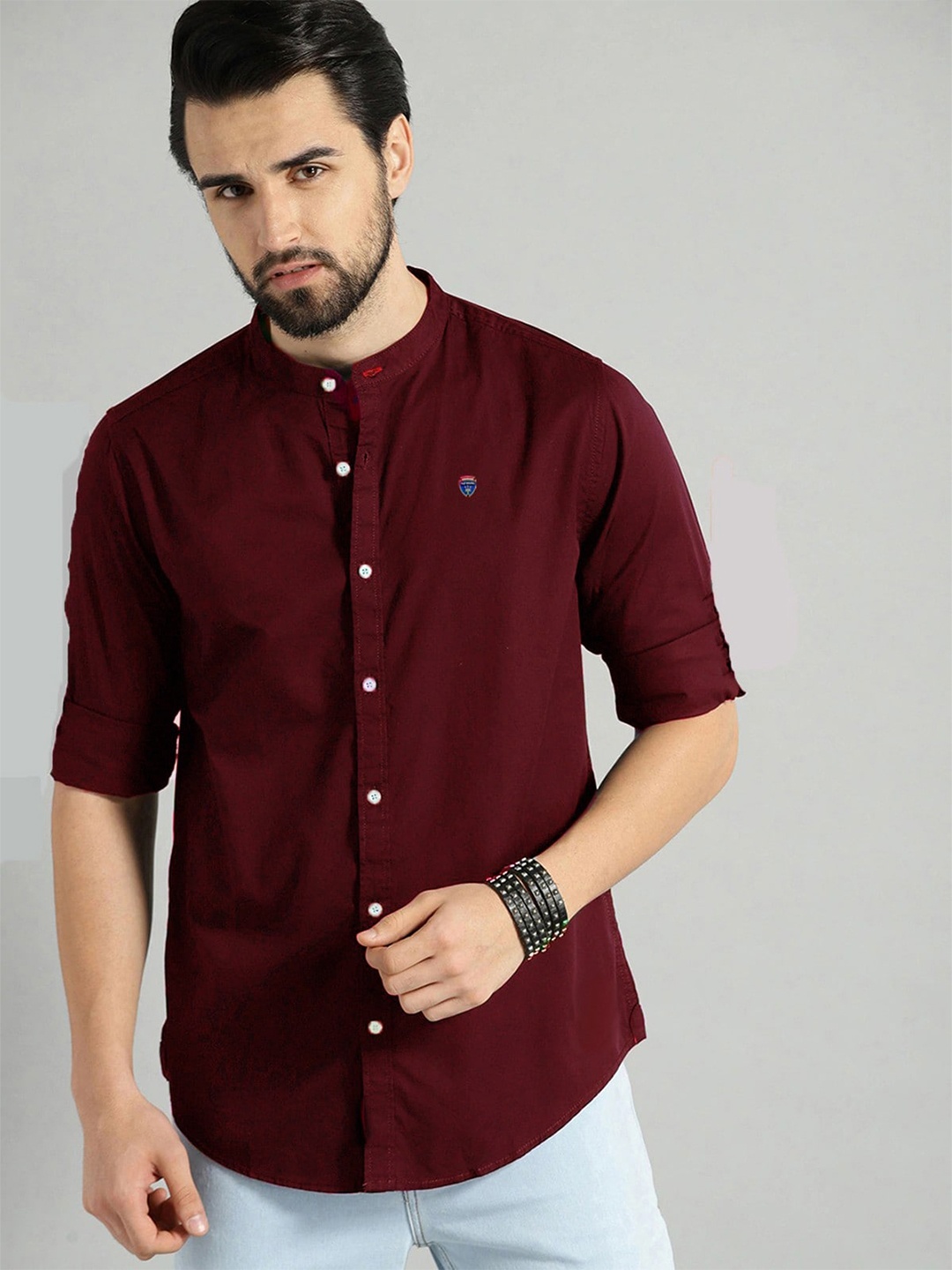 

FUBAR Mandarin Collar Slim Fit Casual Shirt, Maroon