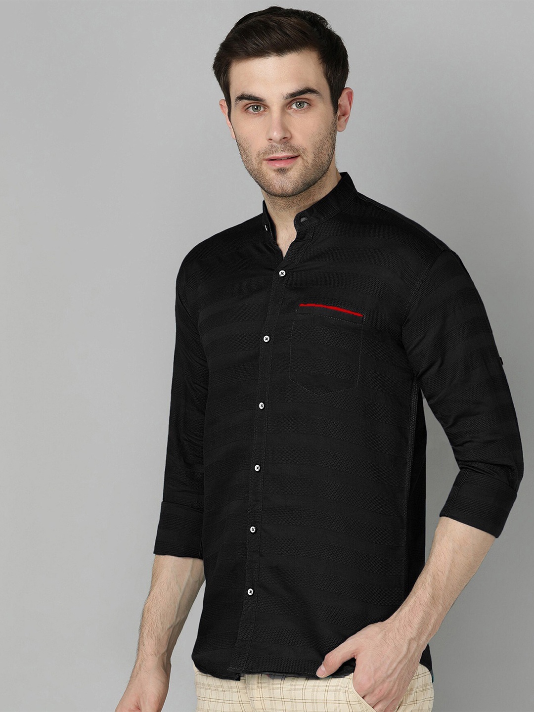 

FUBAR Horizontal Striped Mandarin Collar Roll Up Sleeves Slim Fit Casual Shirt, Black