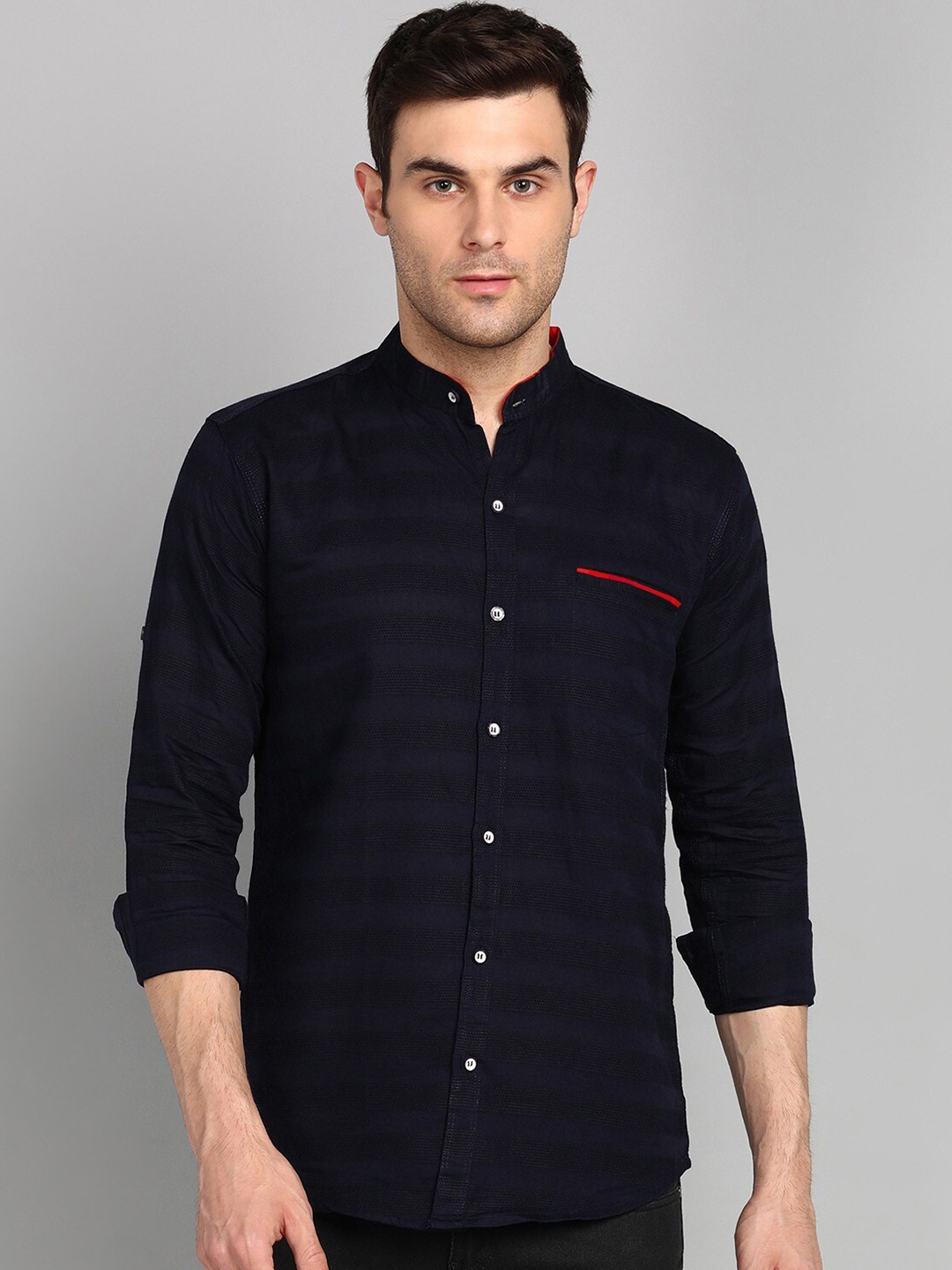 

FUBAR Horizontal Striped Mandarin Collar Roll Up Sleeves Slim Fit Casual Shirt, Navy blue