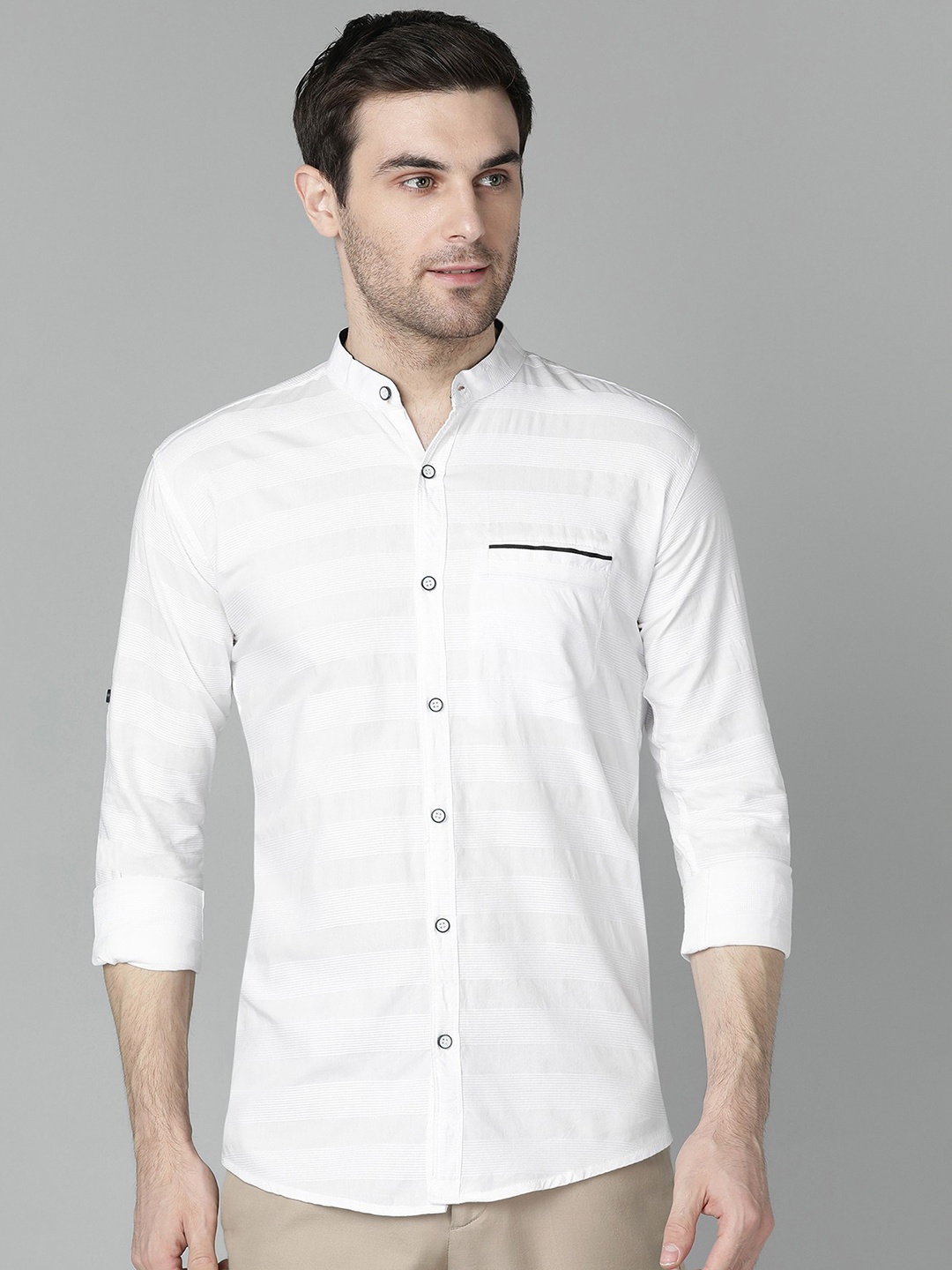 

FUBAR Horizontal Striped Band Collar Slim Fit Casual Shirt, White
