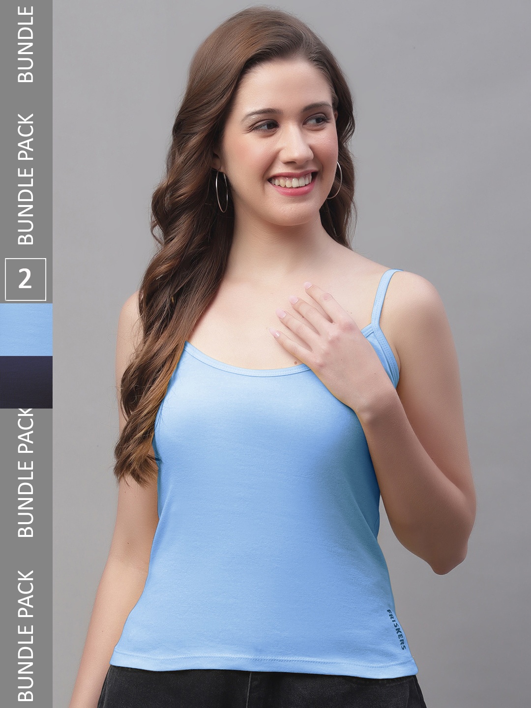 

Friskers Pack Of 2 Cotton Scoop Neck Bio-Wash Camisoles, Navy blue
