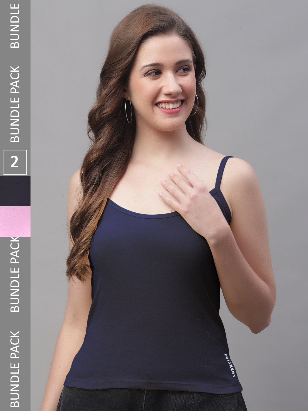 

Friskers Pack Of 2 Pure Cotton Scoop Neck Bio-Wash Camisoles, Navy blue